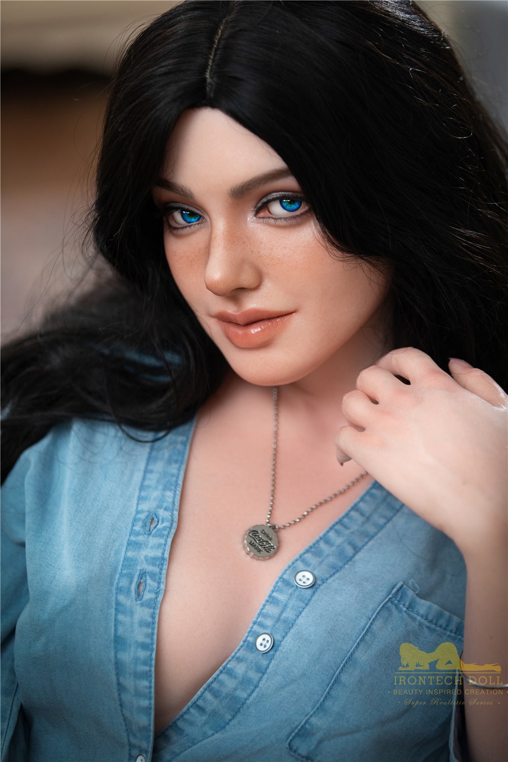 Brunette blue eyed silicone sex doll by irontech